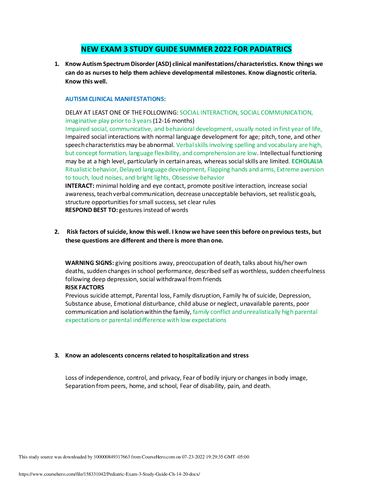 Preview image for NEW EXAM 3 STUDY GUIDE SUMMER 2022 FOR PADIATRICS